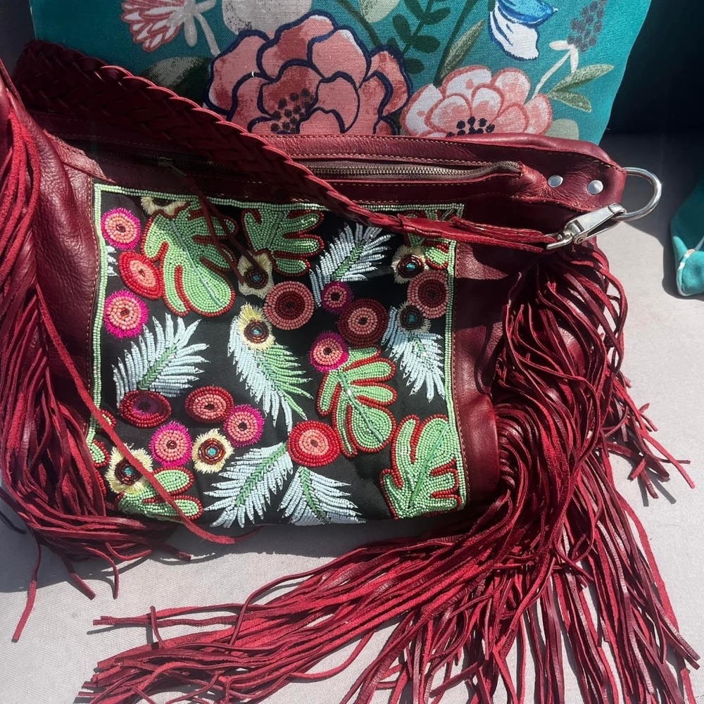 Moonwater small wine leather winterberry boho custom beaded bag with braided str